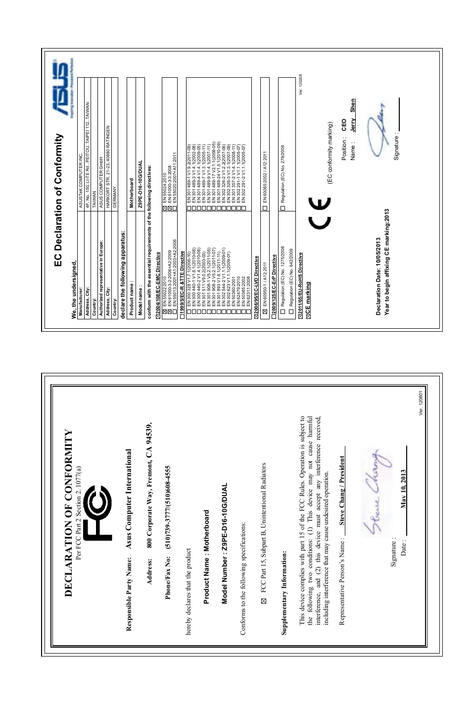 Declaration of conformity, Ec declaration of conformity, Asu s c om pu te r in te rn at io na l | Address: 800 corporate way, fremont | Asus Z9PE-D16-10G/DUAL User Manual | Page 200 / 202