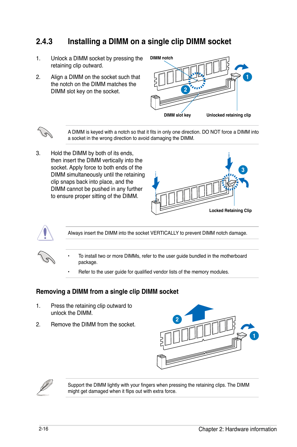 Installing a dimm on a single clip dimm socket -16, 3 installing a dimm on a single clip dimm socket | Asus Z9PE-D16-10G/DUAL User Manual | Page 36 / 202