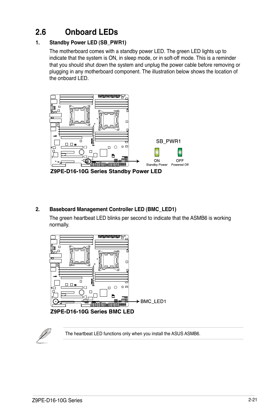 6 onboard leds, Onboard leds -21 | Asus Z9PE-D16-10G/DUAL User Manual | Page 41 / 202