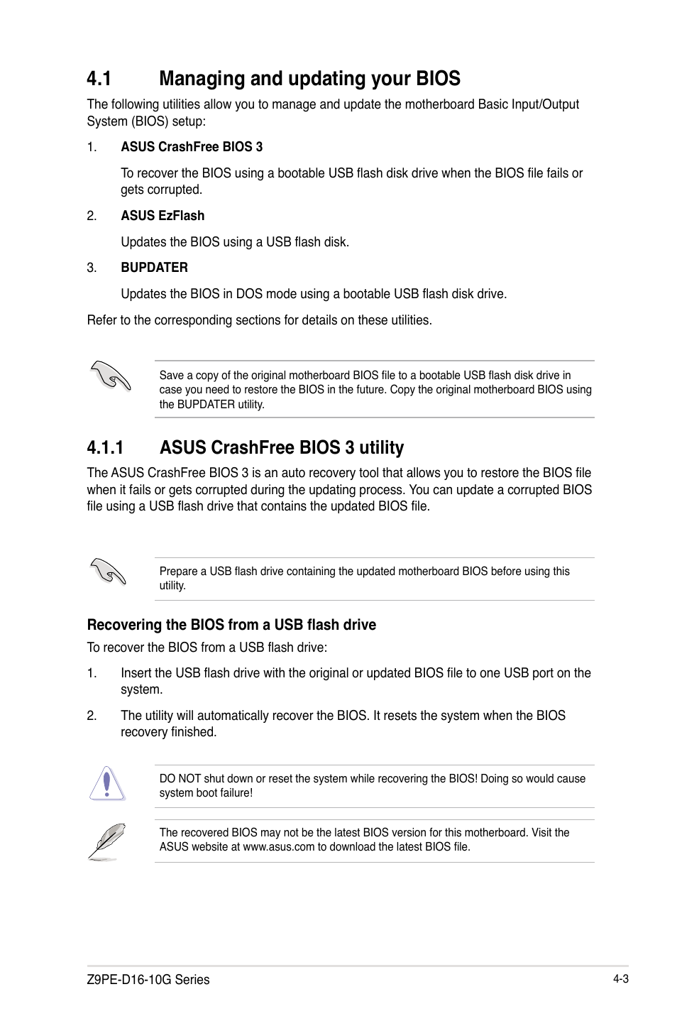 1 managing and updating your bios, Managing and updating your bios -3 4.1.1, Asus crashfree bios 3 utility -3 | Managing and updating your bios -3, 1 asus crashfree bios 3 utility | Asus Z9PE-D16-10G/DUAL User Manual | Page 71 / 202