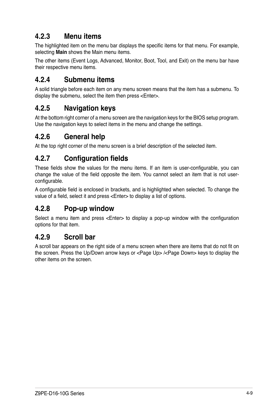 Menu items -9, Submenu items -9, Navigation keys -9 | General help -9, Configuration fields -9, Pop-up window -9, Scroll bar -9, 3 menu items, 4 submenu items, 5 navigation keys | Asus Z9PE-D16-10G/DUAL User Manual | Page 77 / 202