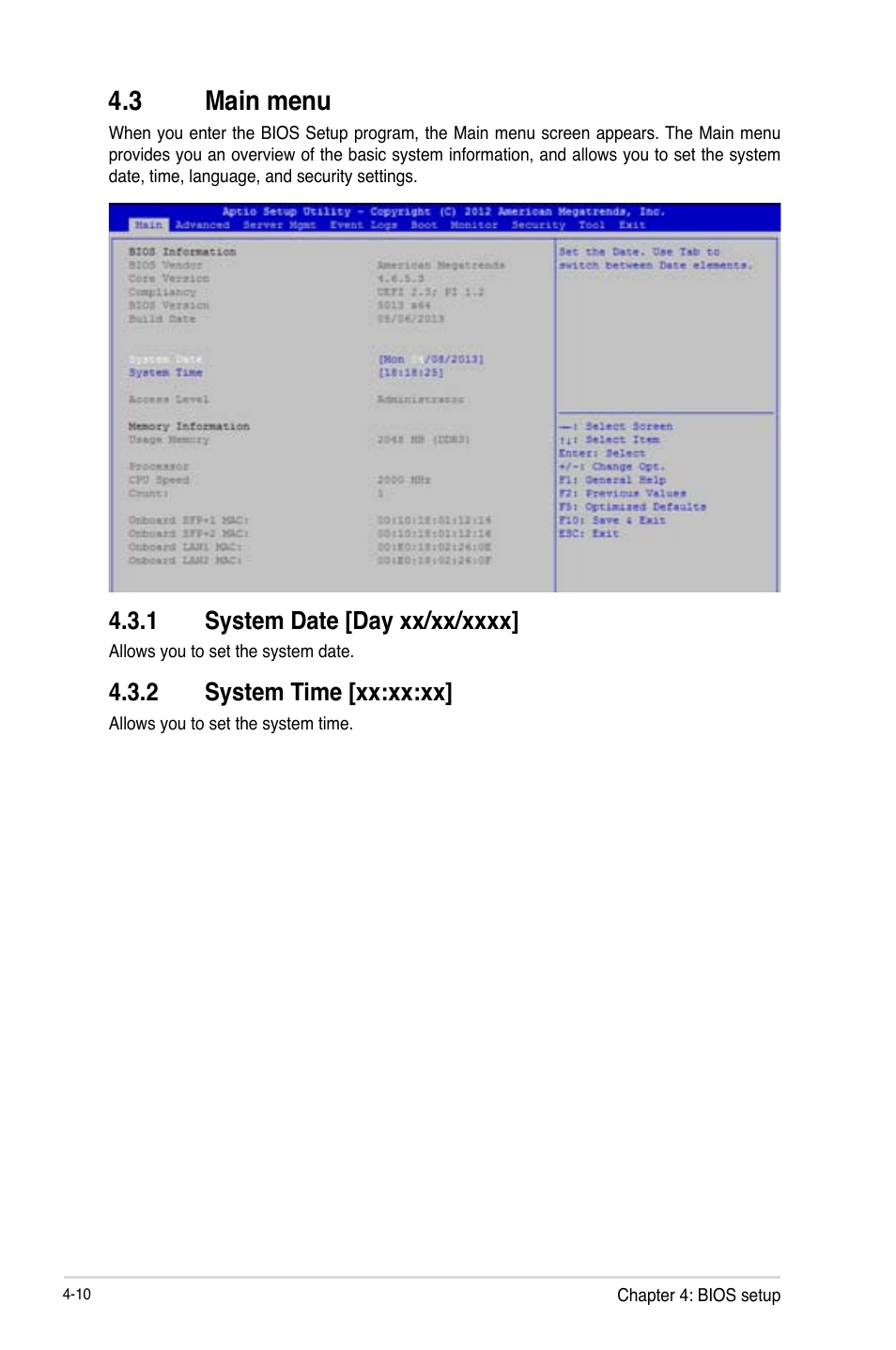 3 main menu, Main menu -10 4.3.1, System date [day xx/xx/xxxx] -10 | System time [xx:xx:xx] -10, Main menu -10, 2 system time [xx:xx:xx | Asus Z9PE-D16-10G/DUAL User Manual | Page 78 / 202