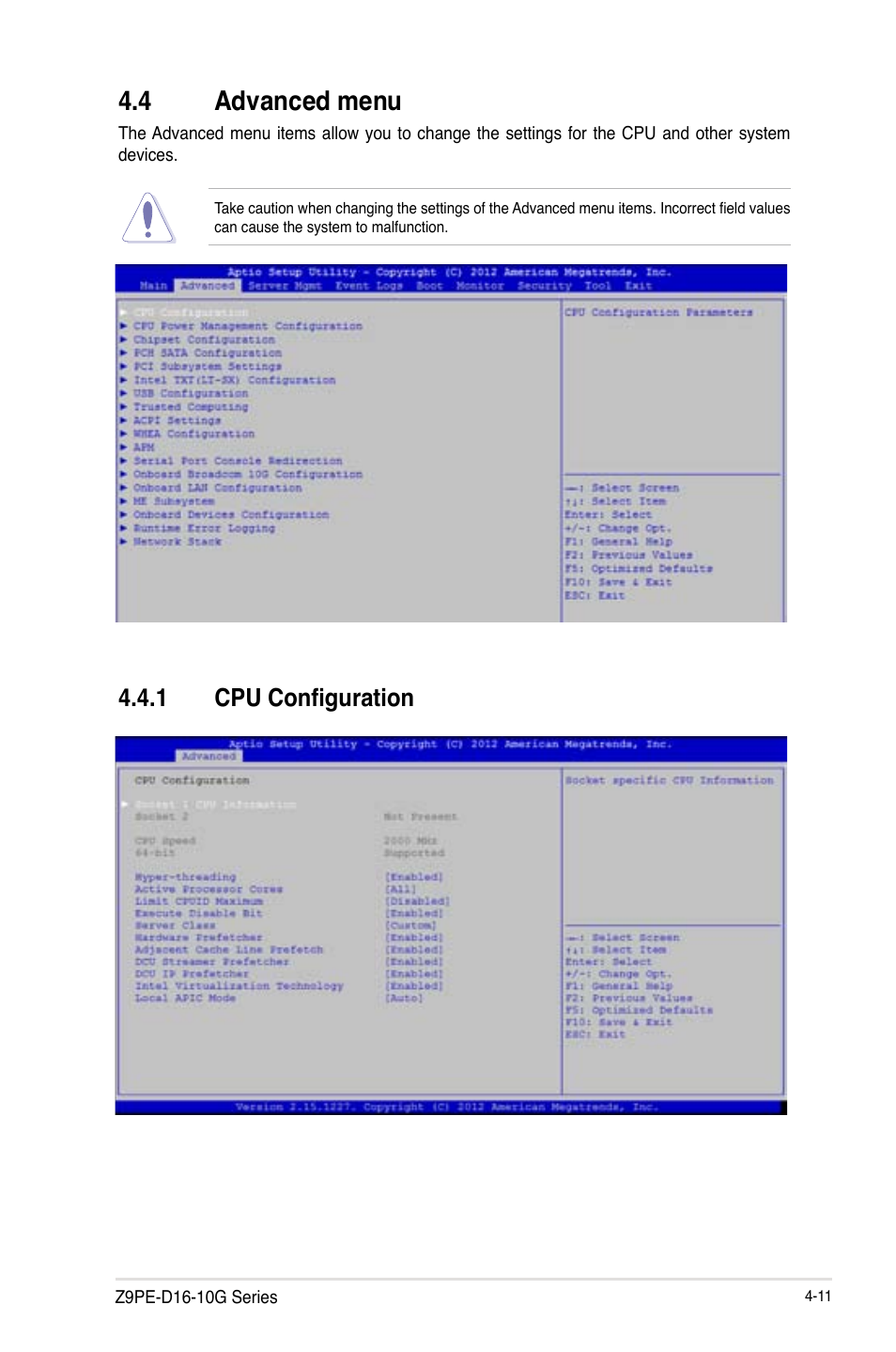 4 advanced menu, Advanced menu -11 4.4.1, Cpu configuration -11 | Advanced menu -11, 1 cpu configuration | Asus Z9PE-D16-10G/DUAL User Manual | Page 79 / 202