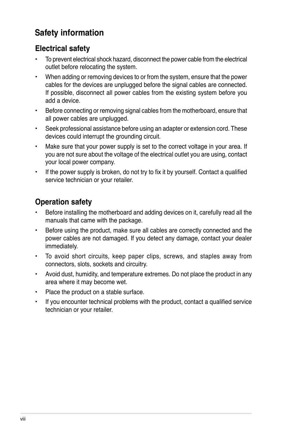 Safety information, Electrical safety, Operation safety | Asus Z9PE-D16-10G/DUAL User Manual | Page 8 / 202