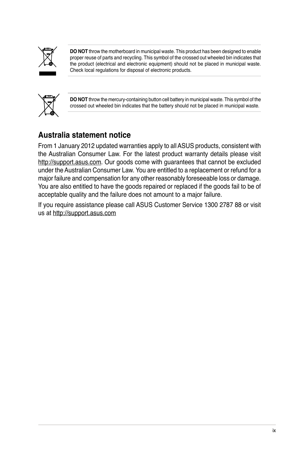 Australia statement notice | Asus Z9PE-D16-10G/DUAL User Manual | Page 9 / 202