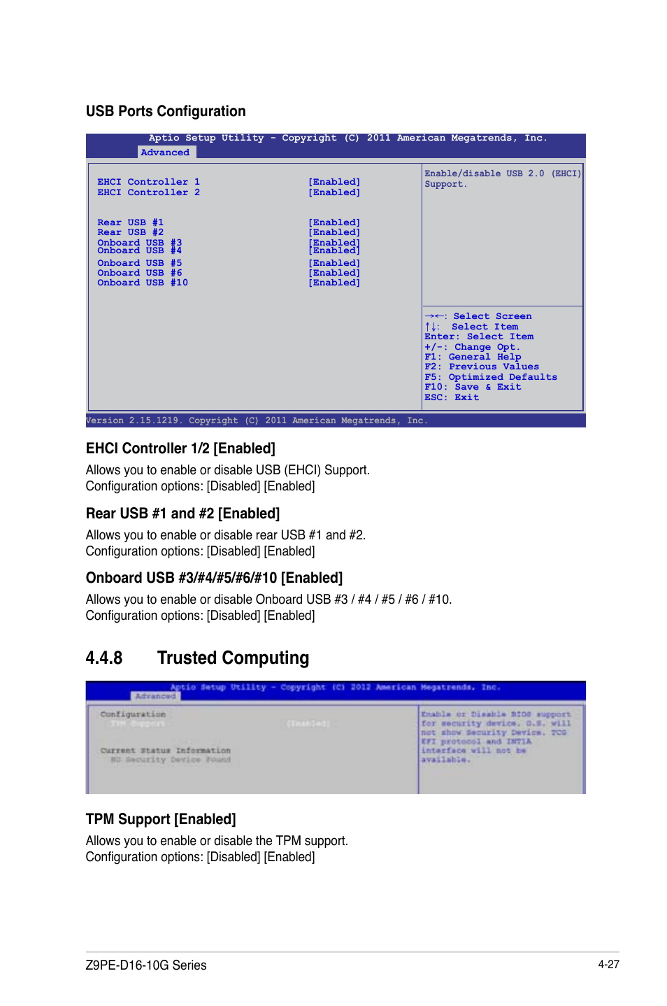 Trusted computing -27, 8 trusted computing, Usb ports configuration | Tpm support [enabled, Ehci controller 1/2 [enabled, Rear usb #1 and #2 [enabled | Asus Z9PE-D16-10G/DUAL User Manual | Page 95 / 202