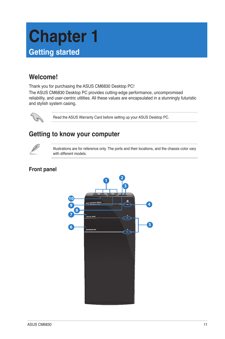 Chapter 1, Getting started, Welcome | Getting to know your computer, Welcome! getting to know your computer | Asus CM6830 User Manual | Page 11 / 72