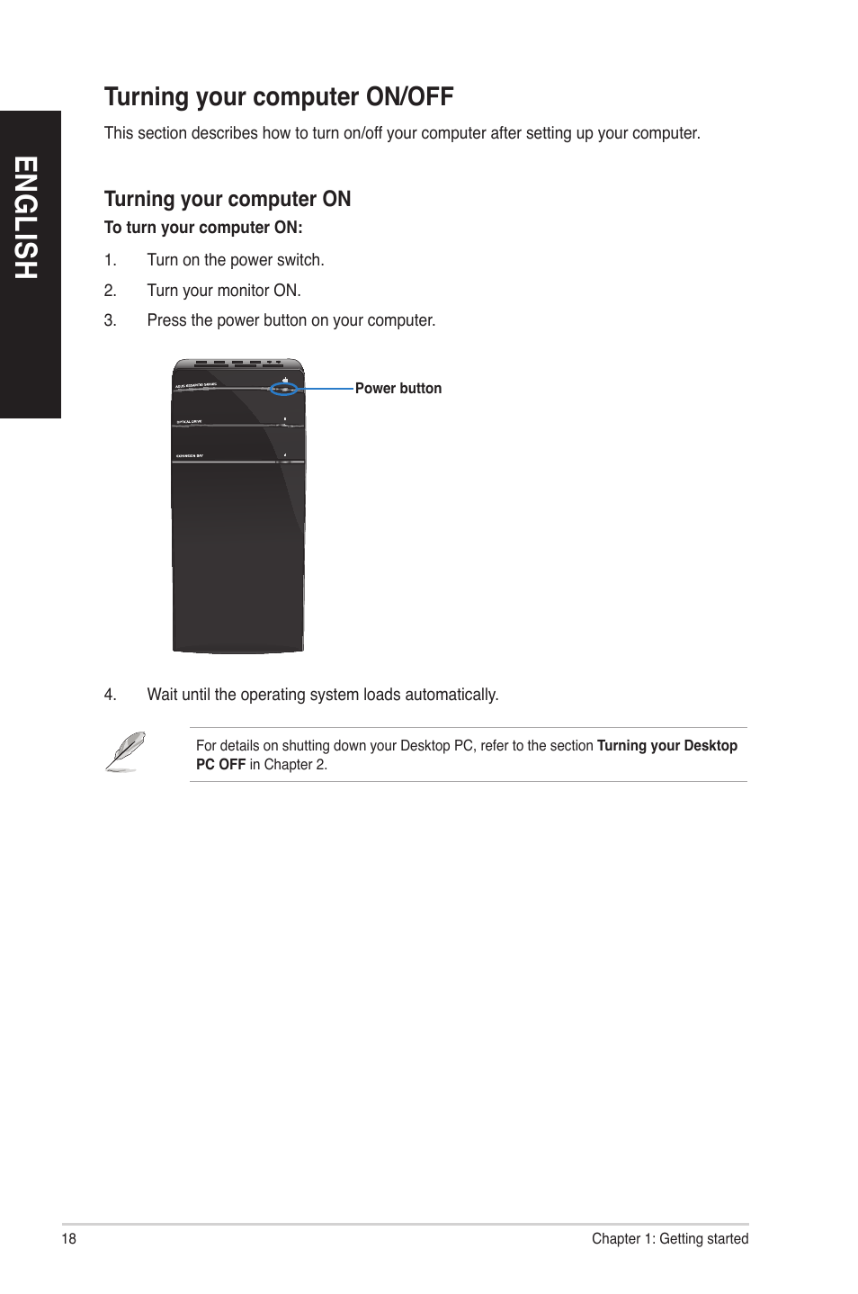 Turning your computer on/off, En g lis h en g li sh | Asus CM6830 User Manual | Page 18 / 72