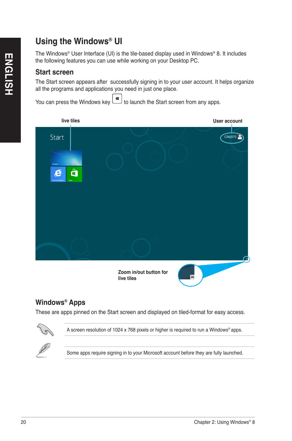 Using the windows® ui, Using the windows, En g lis h en g li sh en g lis h en g li sh | Asus CM6830 User Manual | Page 20 / 72