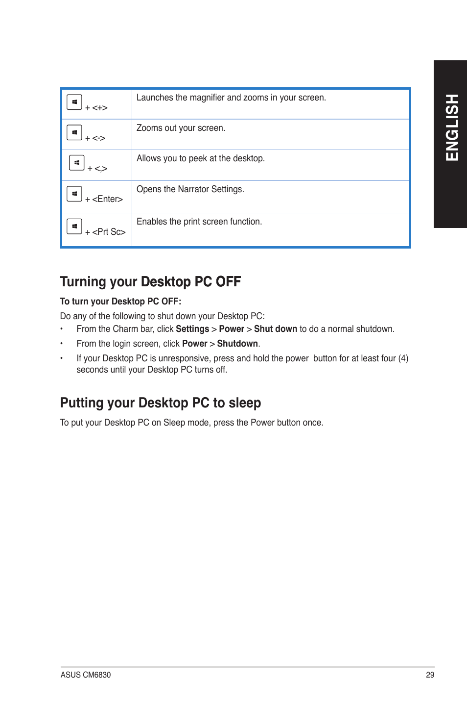 Turning your desktop pc off, Putting your desktop pc to sleep, En g lis h en g li sh | Asus CM6830 User Manual | Page 29 / 72