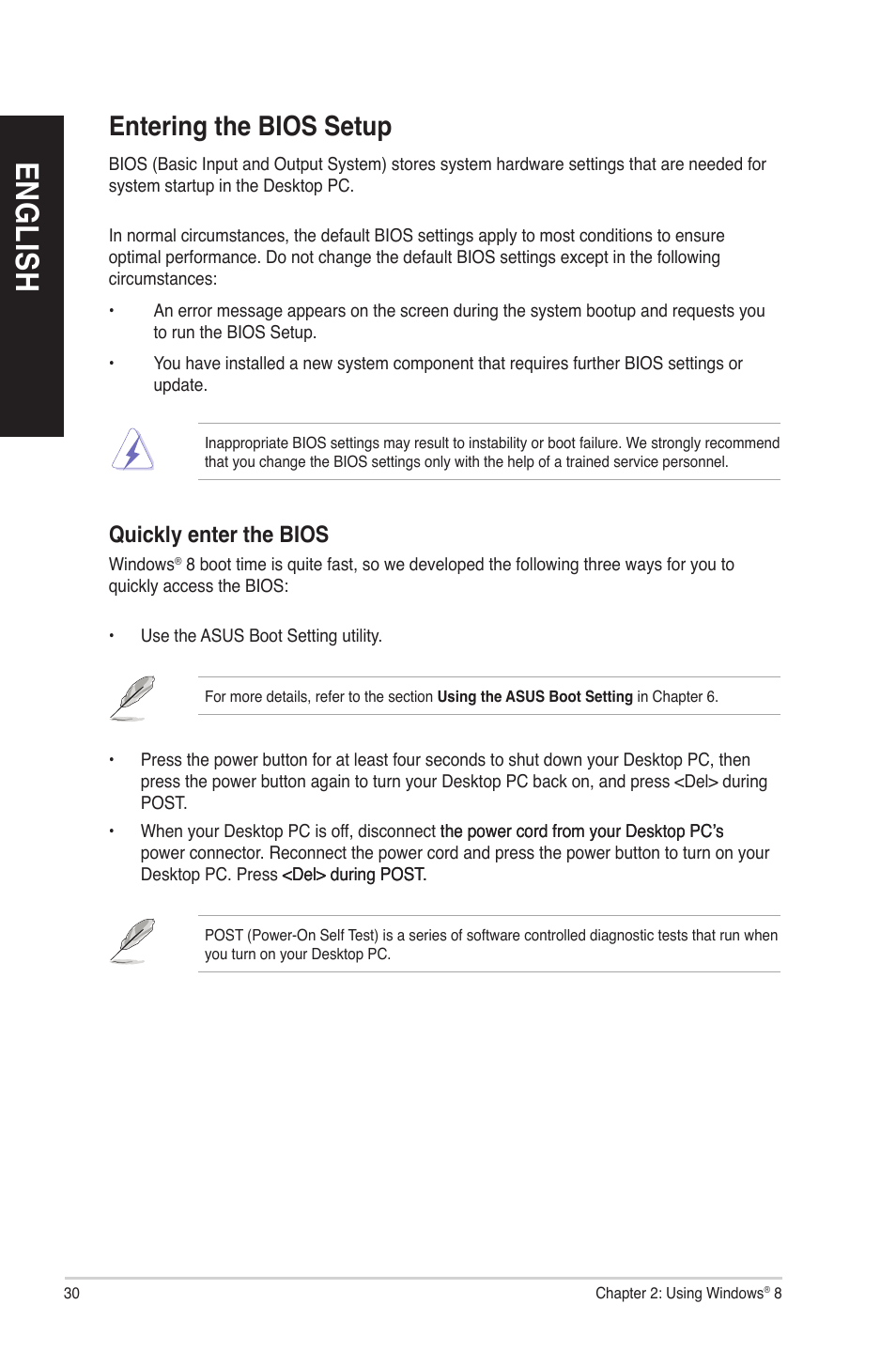 Entering the bios setup, En g lis h en g li sh | Asus CM6830 User Manual | Page 30 / 72