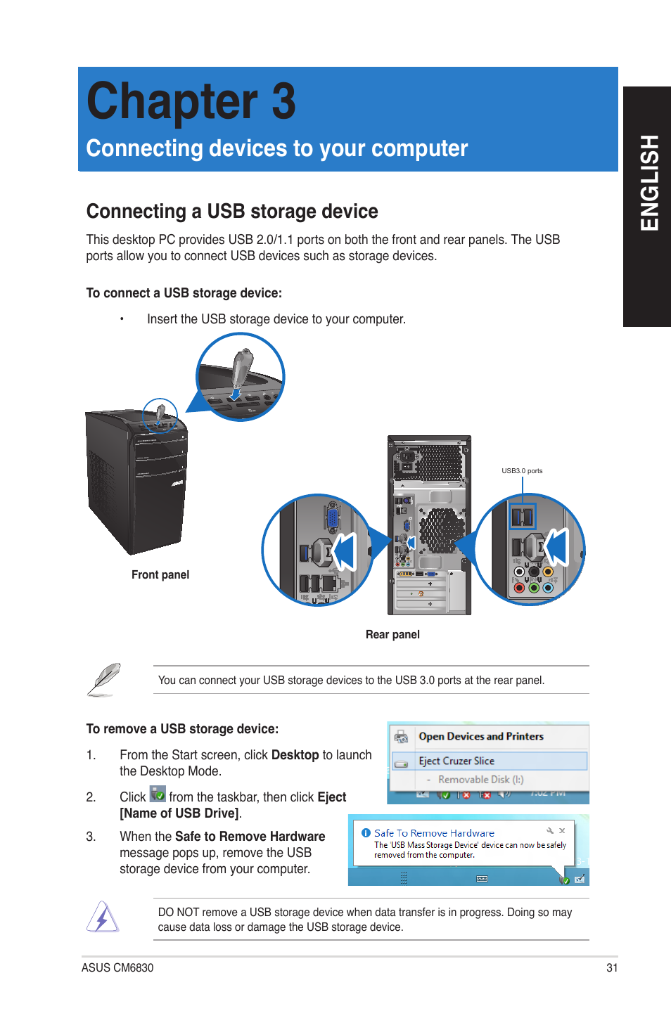 Chapter 3, Connecting devices to your computer, Connecting a usb storage device | En g lis h en g li sh | Asus CM6830 User Manual | Page 31 / 72