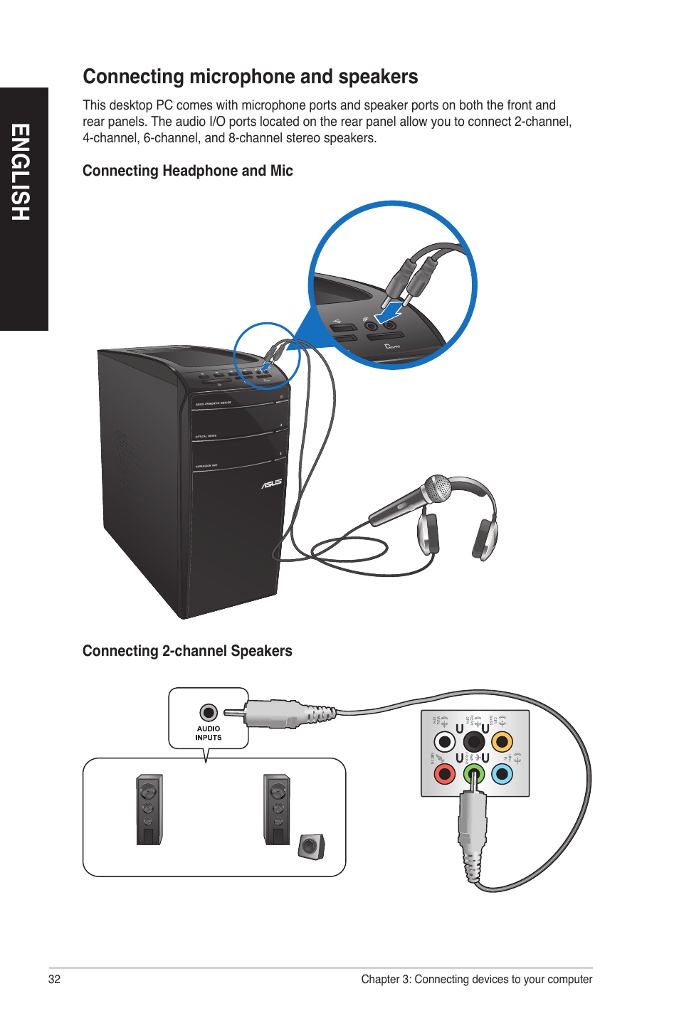 Connecting microphone and speakers, En g lis h en g li sh en g lis h en g li sh | Asus CM6830 User Manual | Page 32 / 72