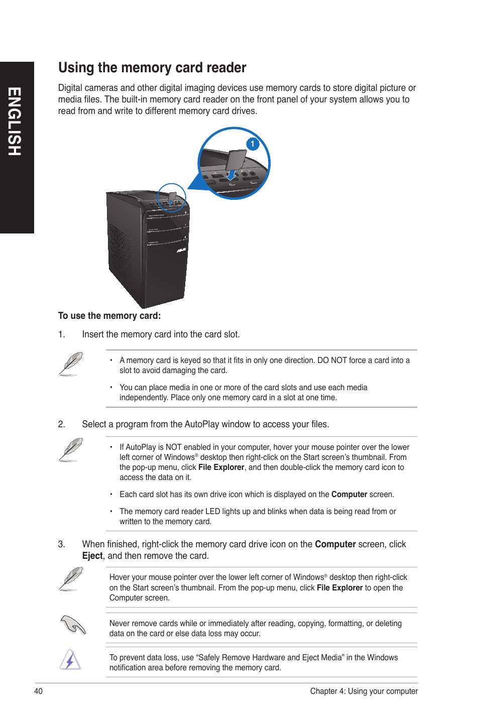 Using the memory card reader, En g lis h en g li sh en g lis h en g li sh | Asus CM6830 User Manual | Page 40 / 72