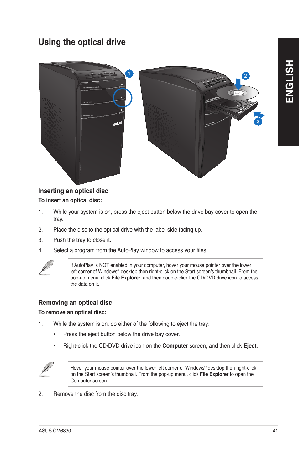 Using the optical drive, En g lis h en g li sh | Asus CM6830 User Manual | Page 41 / 72