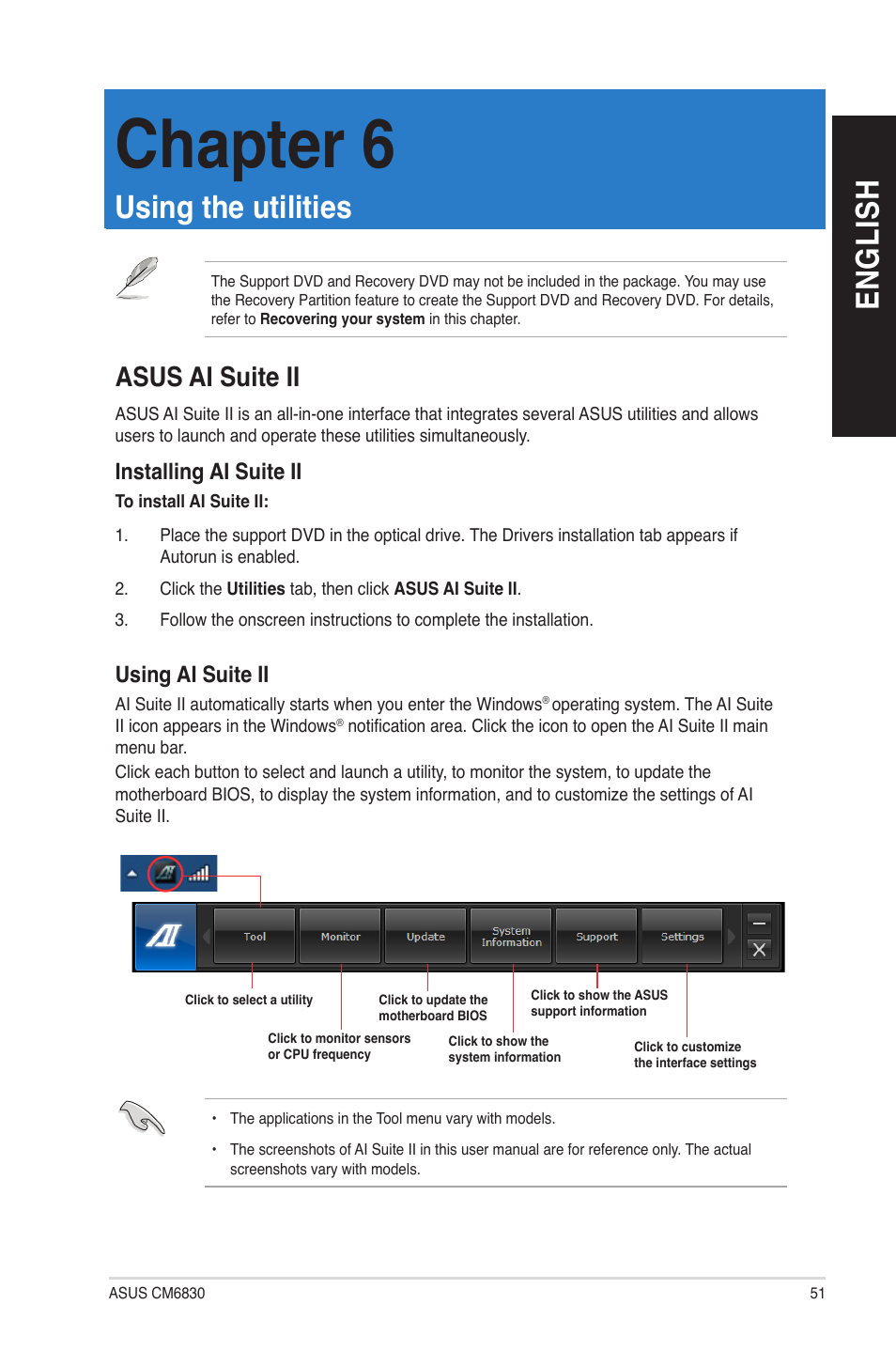 Chapter 6, Using the utilities, Asus ai suite ii | En g lis h en g li sh | Asus CM6830 User Manual | Page 51 / 72