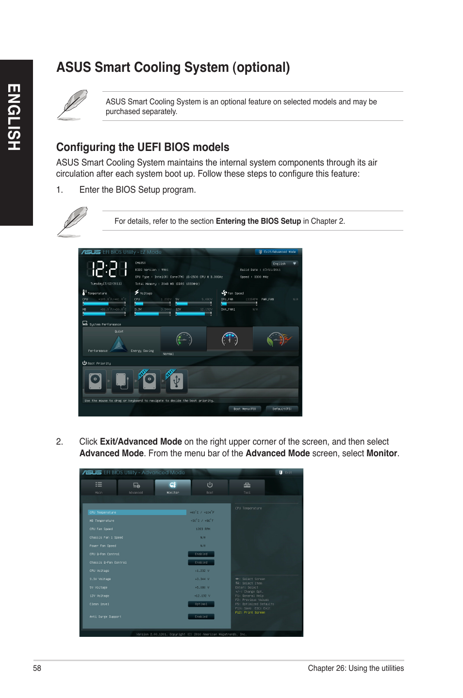 Asus smart cooling system (optional), En g lis h en g li sh en g lis h en g li sh | Asus CM6830 User Manual | Page 58 / 72