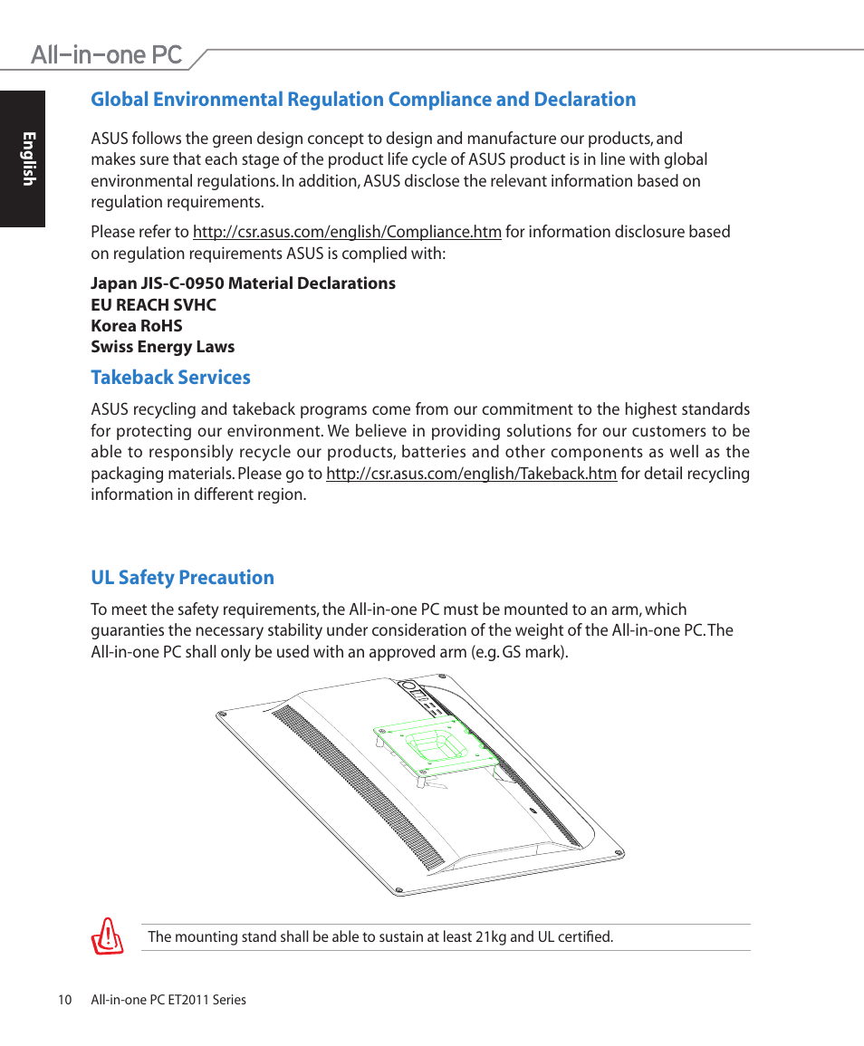 Takeback services, Ul safety precaution | Asus ET2011ET User Manual | Page 10 / 44