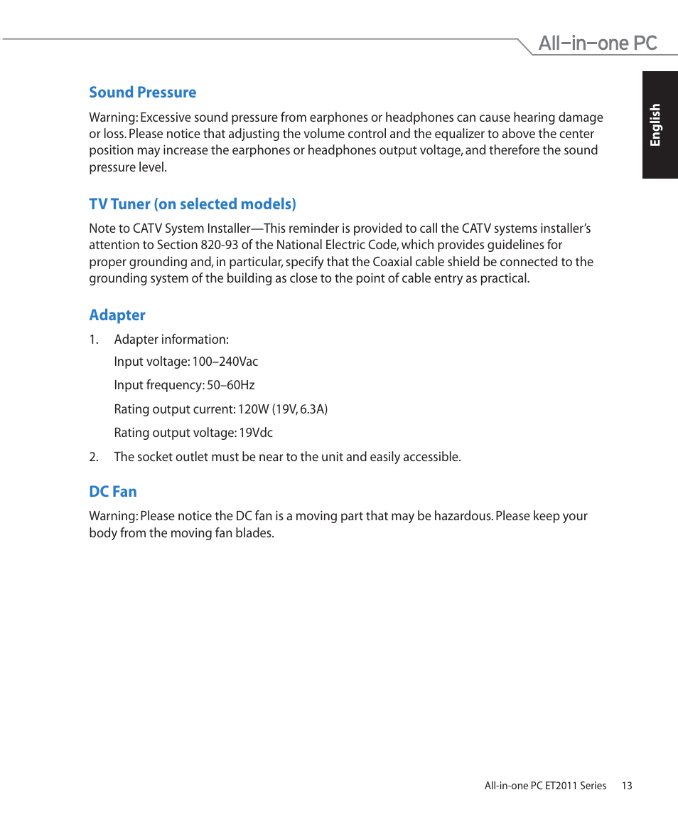 Sound pressure, Tv tuner (on selected models), Adapter | Dc fan | Asus ET2011ET User Manual | Page 13 / 44