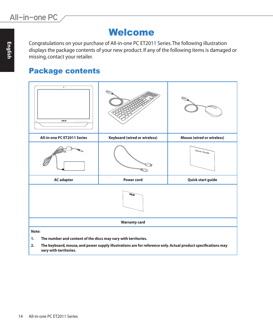 Welcome, Package contents | Asus ET2011ET User Manual | Page 14 / 44