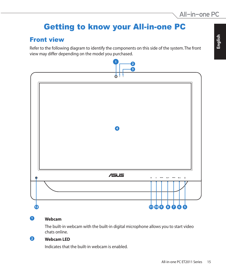 Getting to know your all-in-one pc, Front view | Asus ET2011ET User Manual | Page 15 / 44