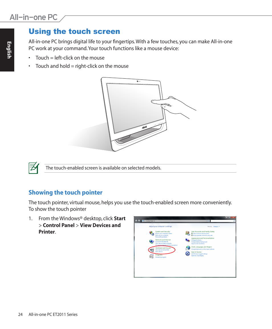 Using the touch screen, Showing the touch pointer | Asus ET2011ET User Manual | Page 24 / 44