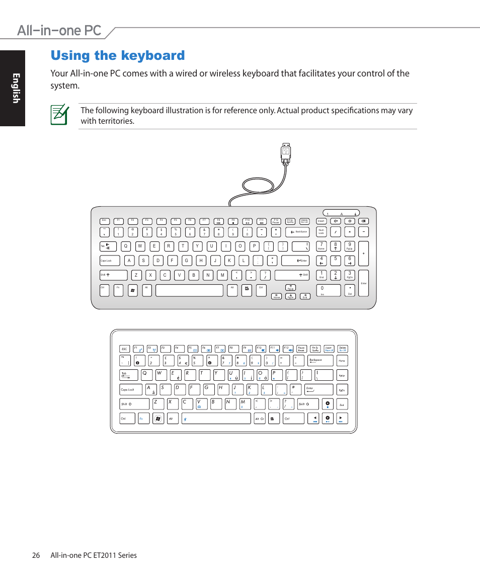 Using the keyboard, English | Asus ET2011ET User Manual | Page 26 / 44