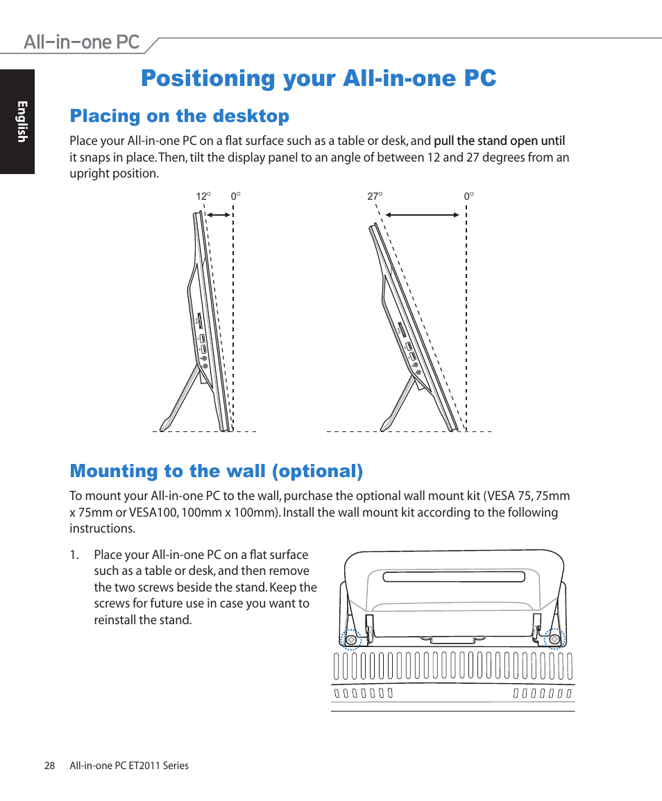 Positioning your all-in-one pc, Placing on the desktop, Mounting to the wall (optional) | Asus ET2011ET User Manual | Page 28 / 44