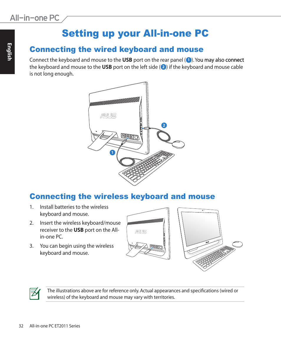 Setting up your all-in-one pc, Connecting the wired keyboard and mouse, Connecting the wireless keyboard and mouse | Asus ET2011ET User Manual | Page 32 / 44