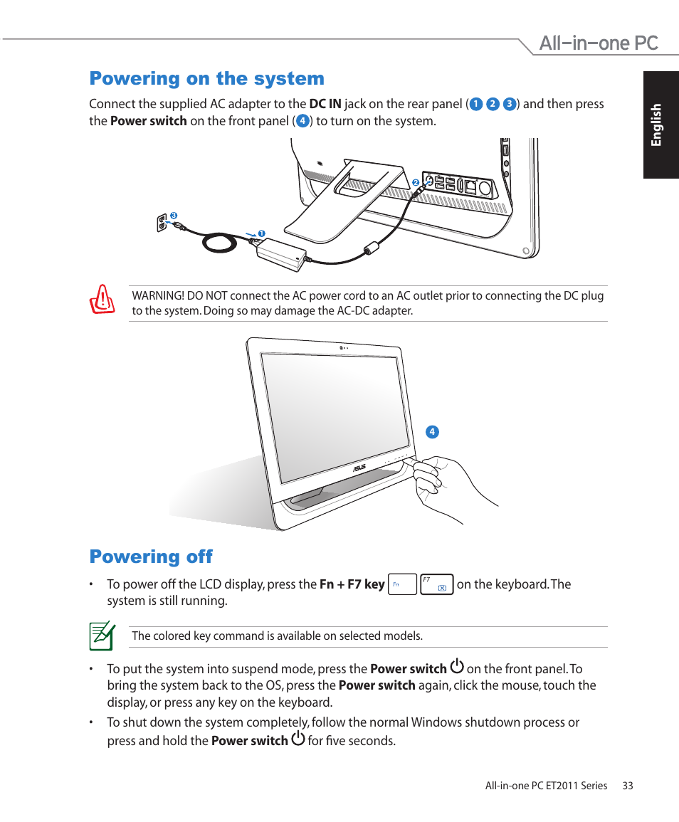 Powering on the system, Powering off, Powering on the system powering off | Asus ET2011ET User Manual | Page 33 / 44