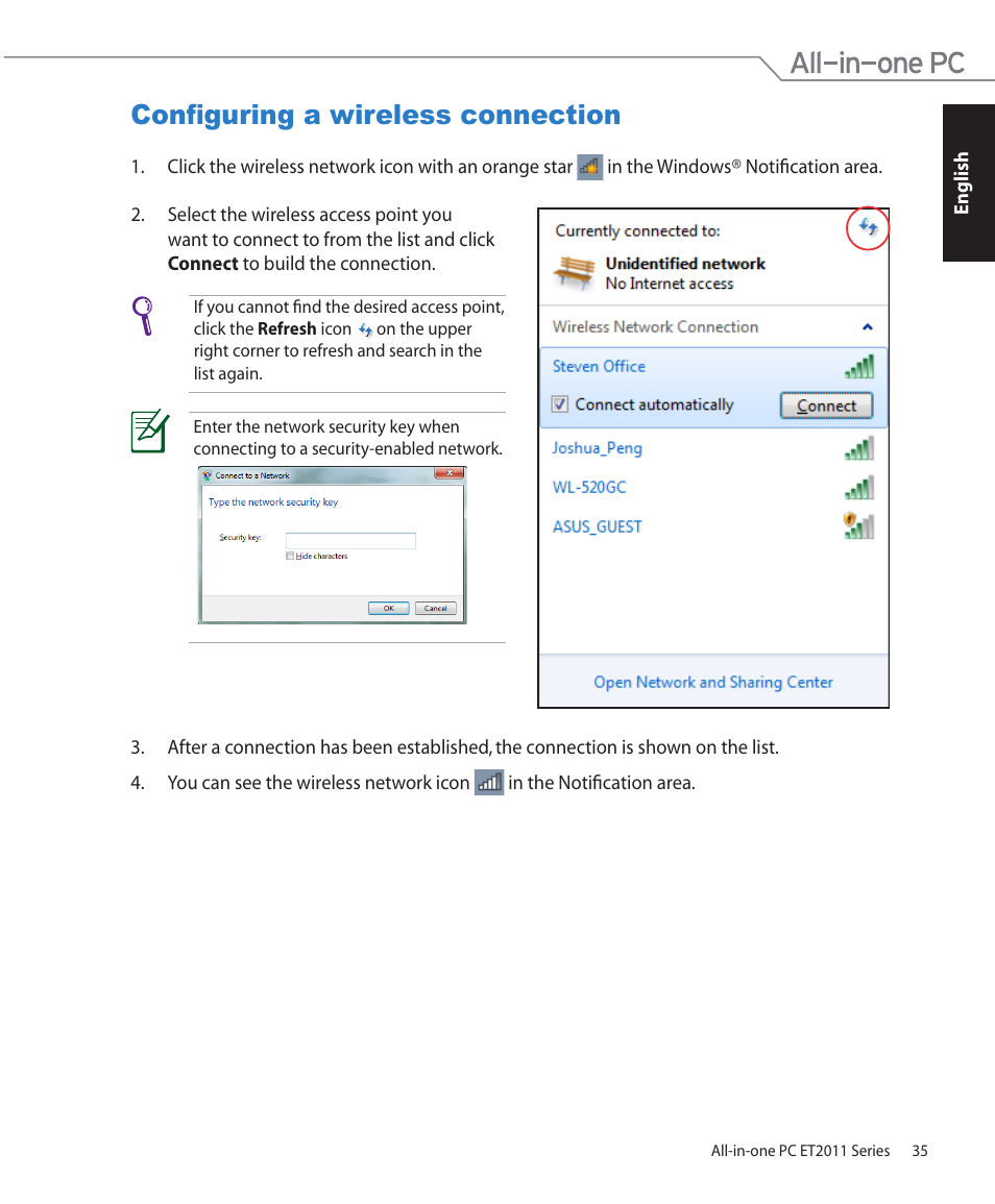 Configuring a wireless connection | Asus ET2011ET User Manual | Page 35 / 44