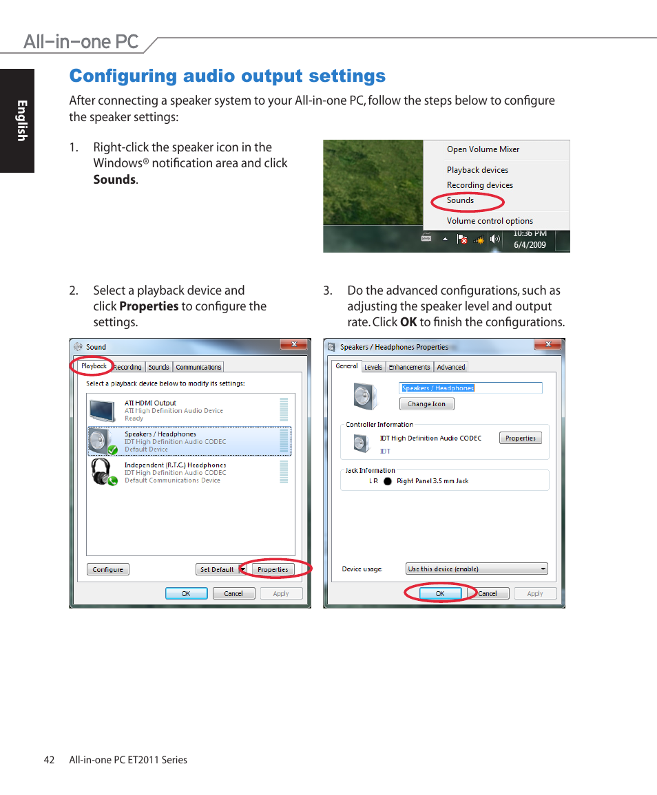 Configuring audio output settings | Asus ET2011ET User Manual | Page 42 / 44