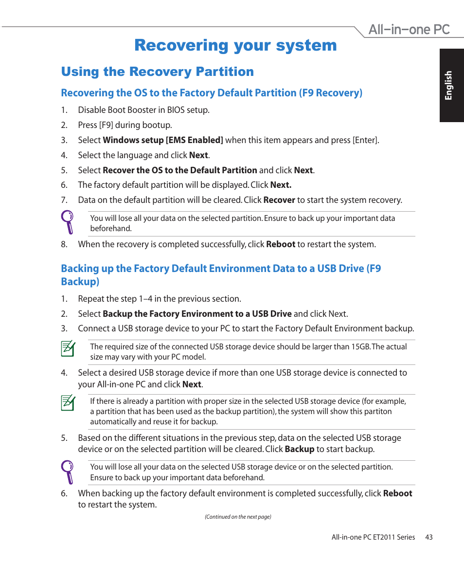 Recovering your system, Using the recovery partition | Asus ET2011ET User Manual | Page 43 / 44