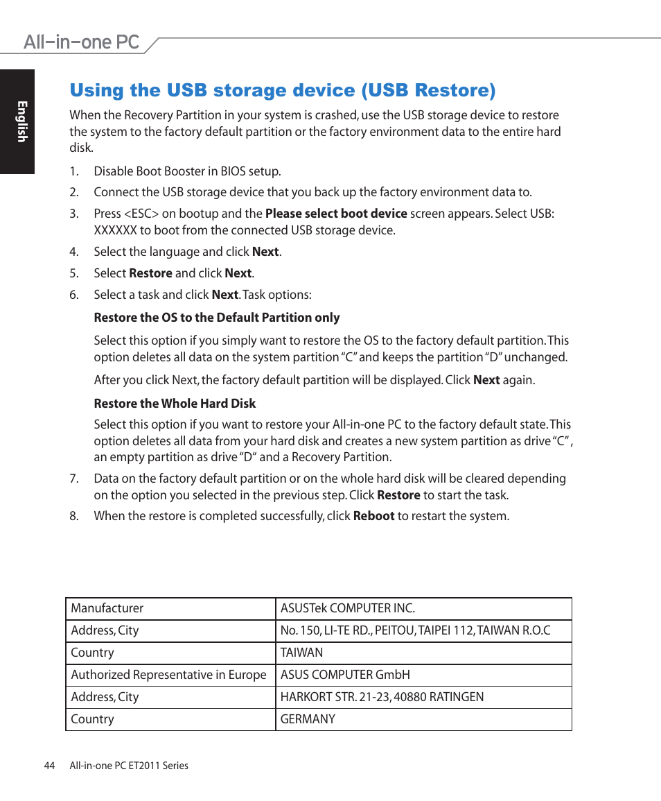 Using the usb storage device (usb restore) | Asus ET2011ET User Manual | Page 44 / 44