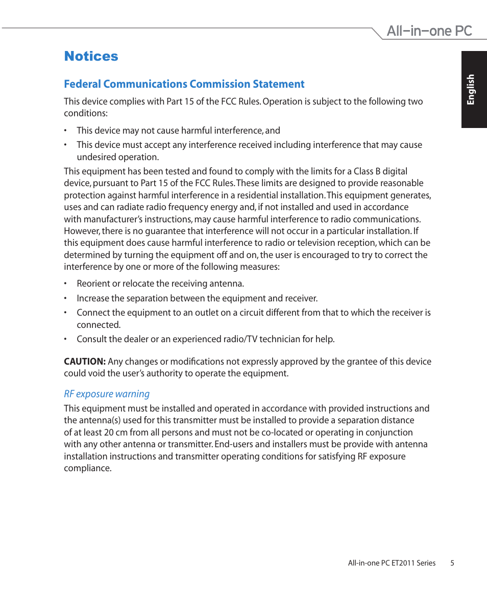 Notices, Federal communications commission statement | Asus ET2011ET User Manual | Page 5 / 44