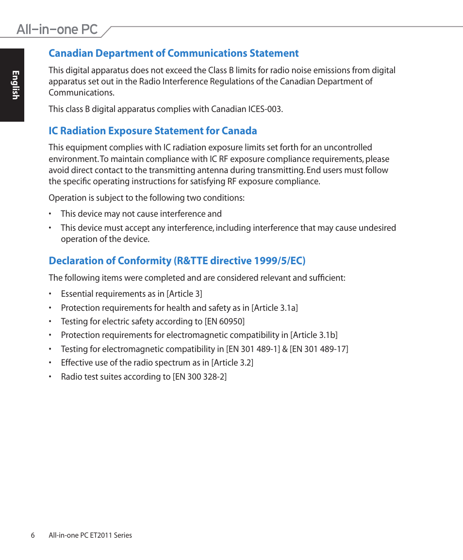 Canadian department of communications statement, Ic radiation exposure statement for canada | Asus ET2011ET User Manual | Page 6 / 44