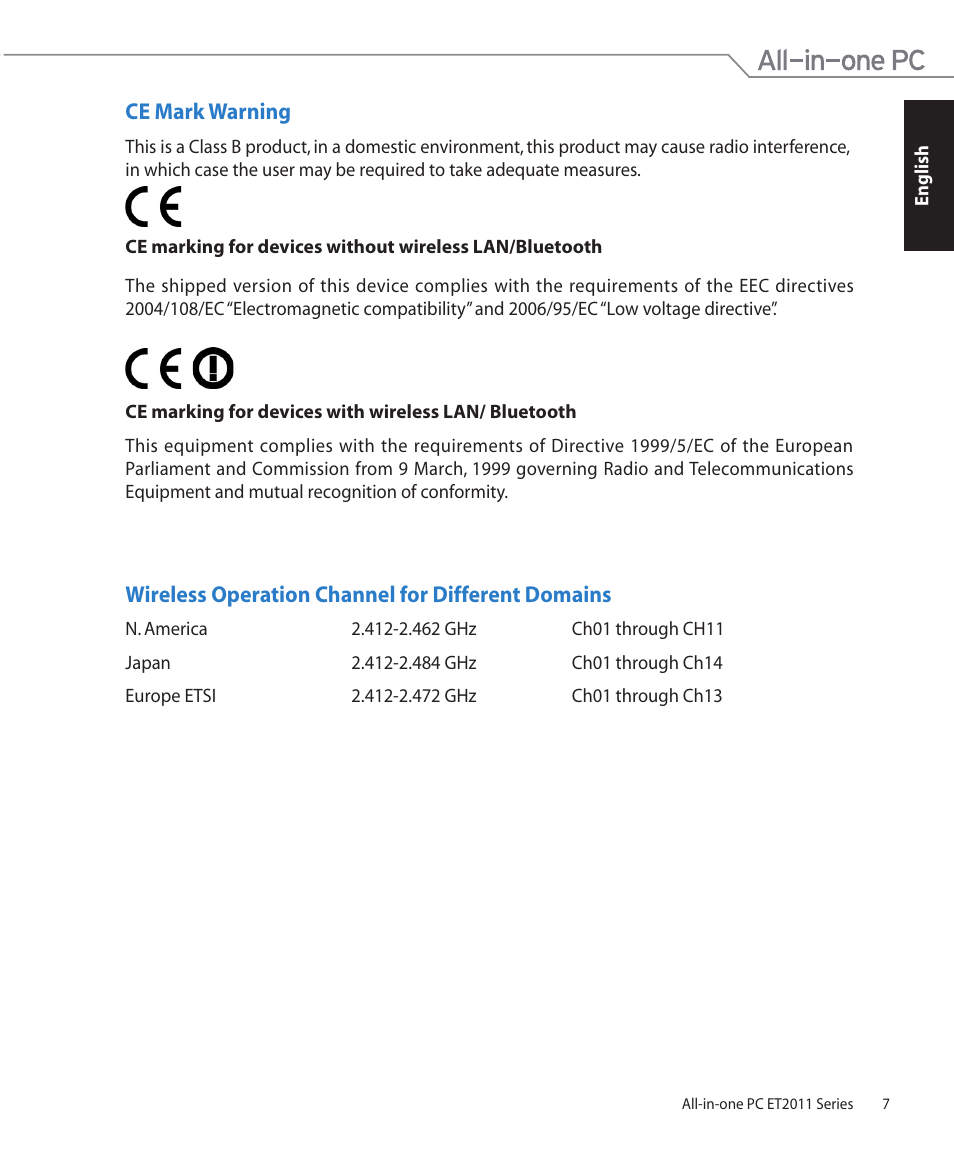 Ce mark warning, Wireless operation channel for different domains | Asus ET2011ET User Manual | Page 7 / 44