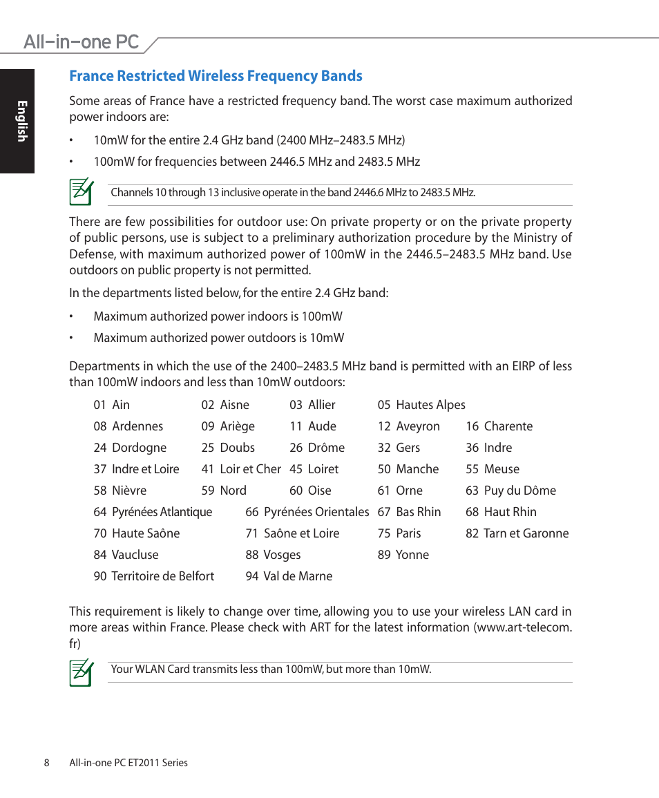 France restricted wireless frequency bands | Asus ET2011ET User Manual | Page 8 / 44