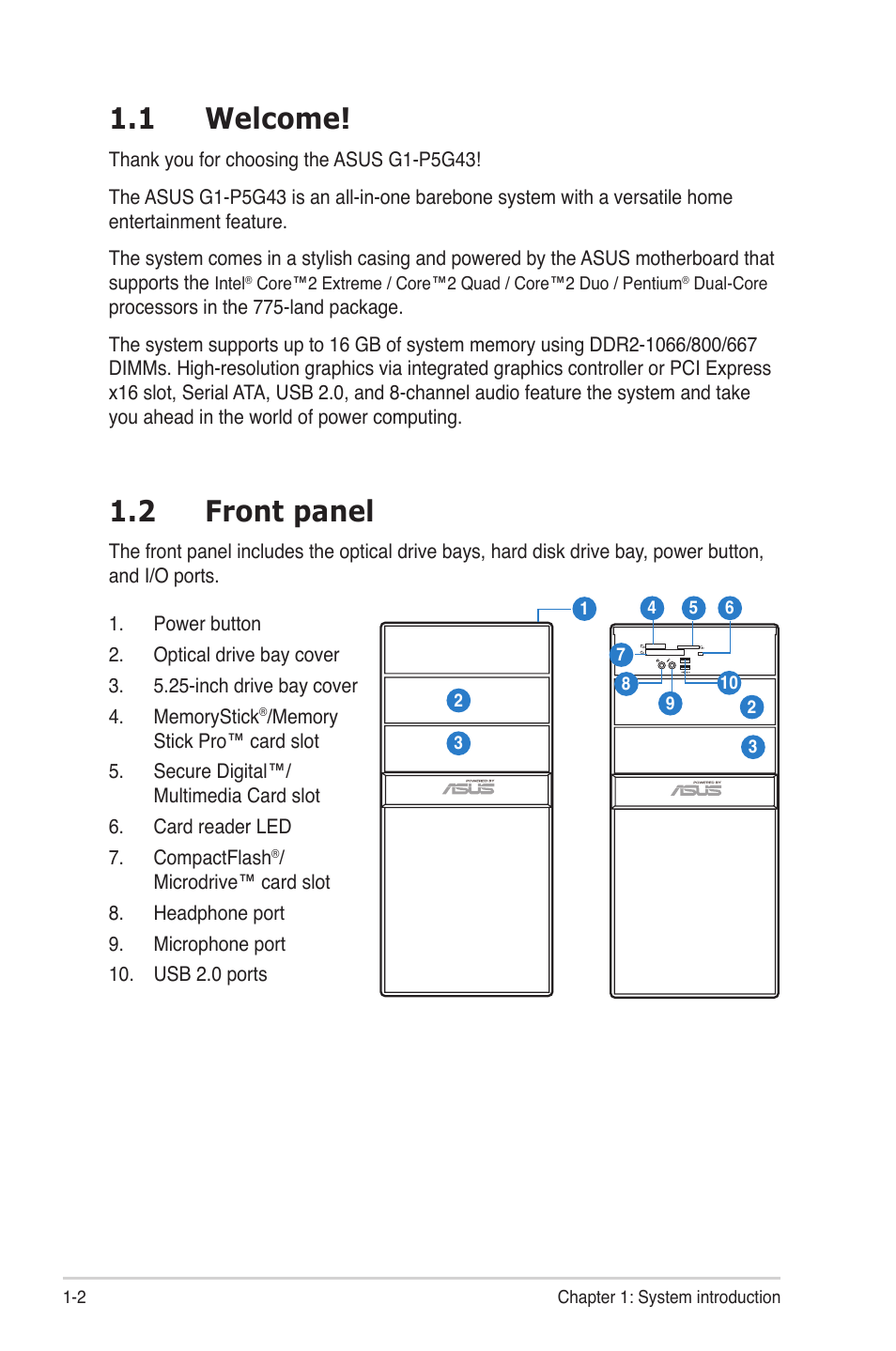 1 welcome, 2 front panel, Welcome! -2 | Front.panel -2 | Asus G1-P5G43 User Manual | Page 12 / 78