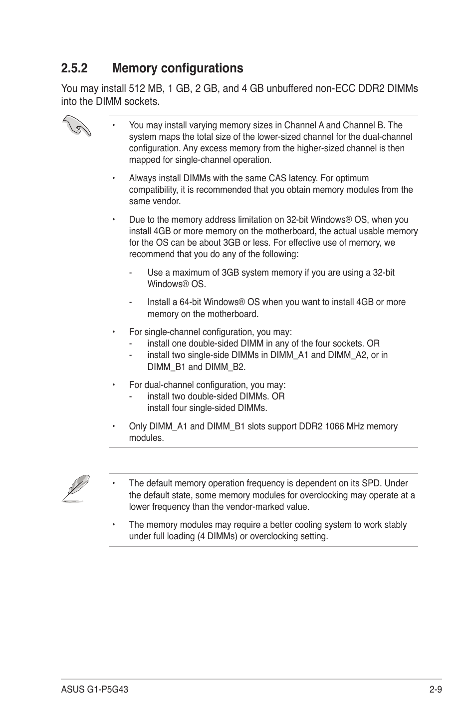 2 memory configurations, Memory configurations -9 | Asus G1-P5G43 User Manual | Page 25 / 78