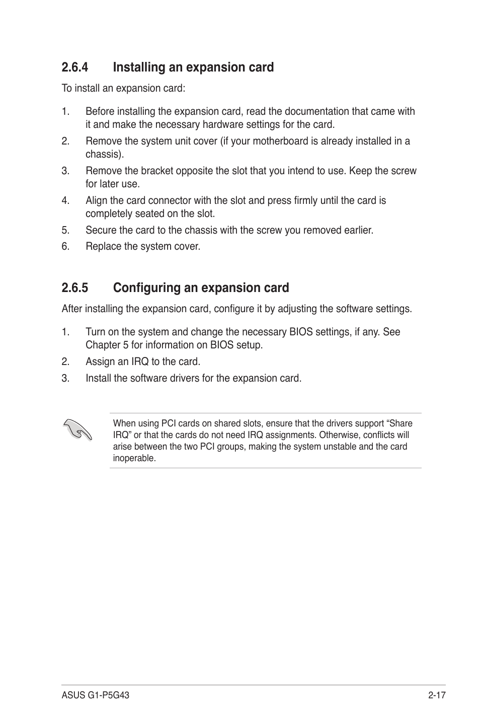 4 installing an expansion card, 5 configuring an expansion card, Installing an expansion card -17 | Configuring an expansion card -17, Installing.an.expansion.card | Asus G1-P5G43 User Manual | Page 33 / 78