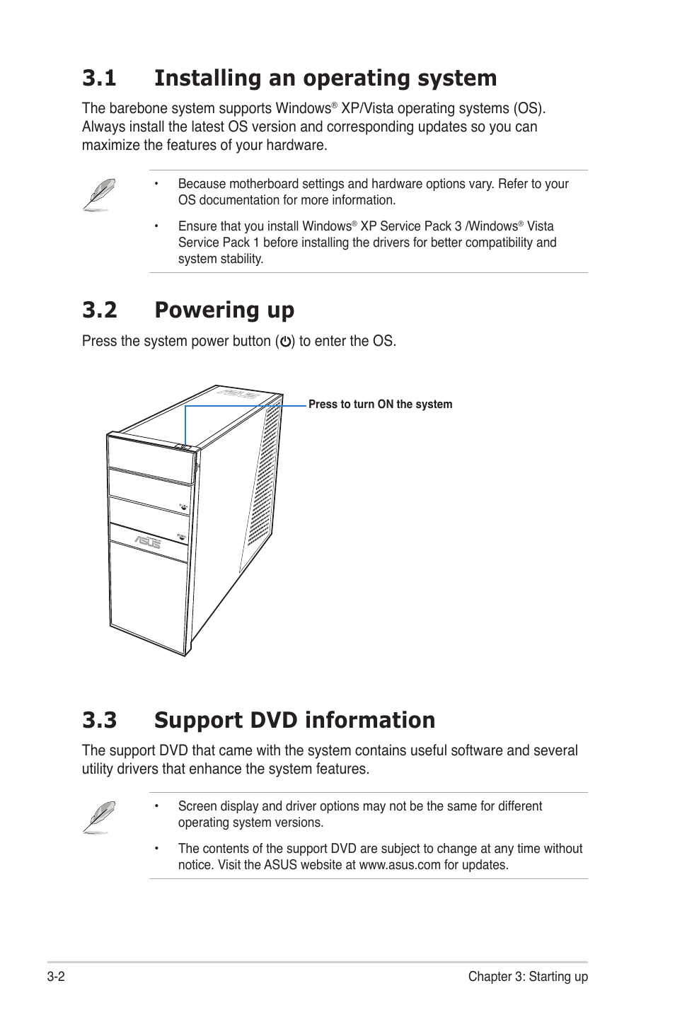 1 installing an operating system, 2 powering up, 3 support dvd information | Installing.an.operating.system -2, Powering.up -2, Support.dvd.information -2, 3 support �v� information | Asus G1-P5G43 User Manual | Page 38 / 78