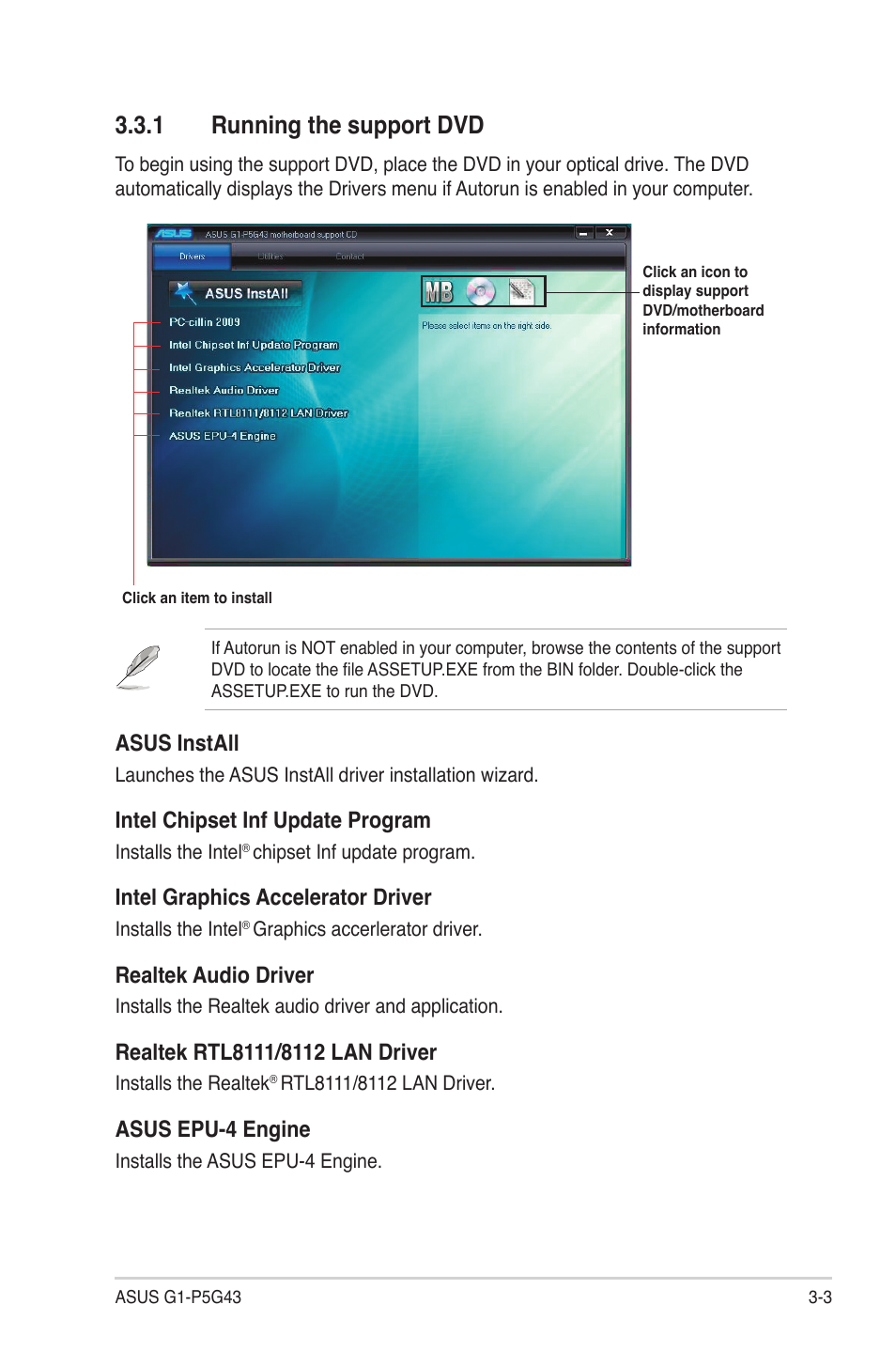 1 running the support dvd, Running the support dvd -3, Running.the.support.dvd | Asus.install, Intel.chipset.inf.update.program, Intel.graphics.accelerator.driver, Realtek.audio.driver, Asus.epu-4.engine | Asus G1-P5G43 User Manual | Page 39 / 78