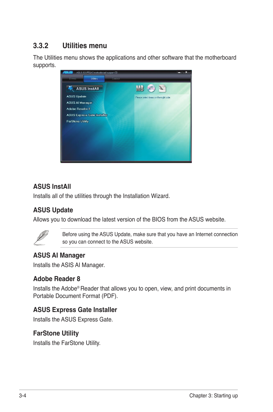 2 utilities menu, Utilities menu -4, Utilities.menu | Asus G1-P5G43 User Manual | Page 40 / 78