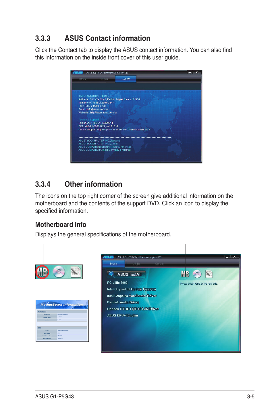 3 asus contact information, 4 other information, Asus contact information -5 | Other information -5, Asus.contact.information, Other.information, Motherboard.info | Asus G1-P5G43 User Manual | Page 41 / 78