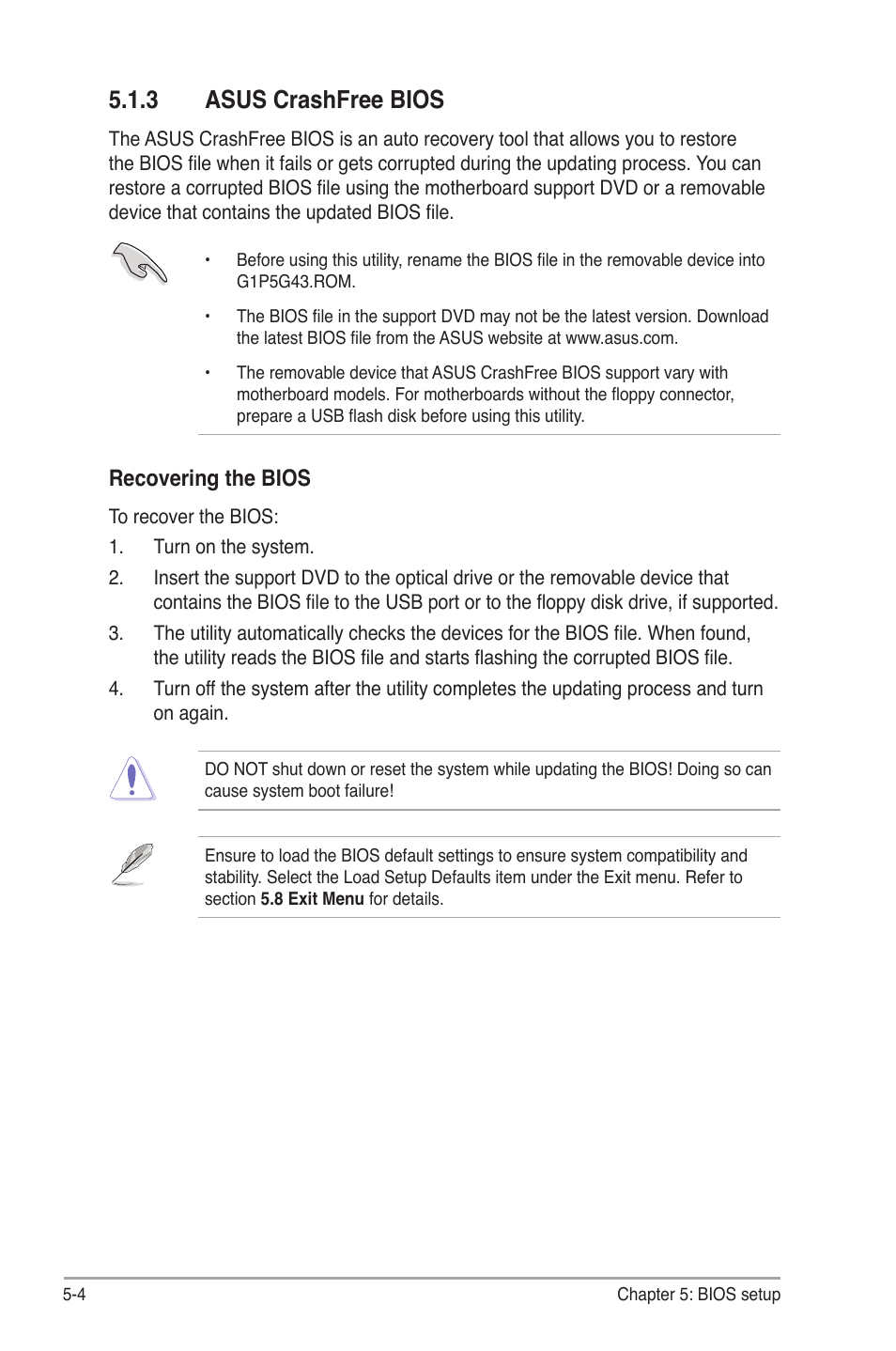 3 asus crashfree bios, Asus crashfree bios -4, Asus.crashfree.bios | Recovering.the.bios | Asus G1-P5G43 User Manual | Page 58 / 78