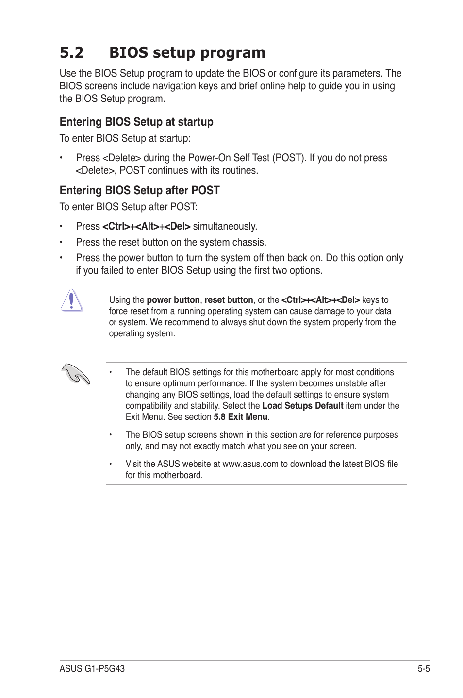 2 bios setup program, Bios.setup.program -5 | Asus G1-P5G43 User Manual | Page 59 / 78