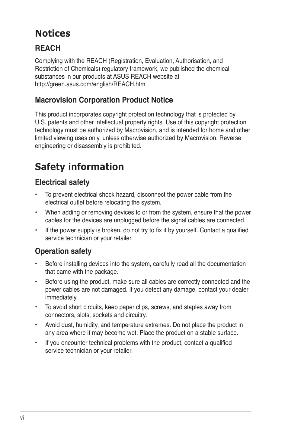 Notices, Safety information, Electrical.safety | Operation.safety, Macrovision.corporation.product.notice, Reach | Asus G1-P5G43 User Manual | Page 6 / 78