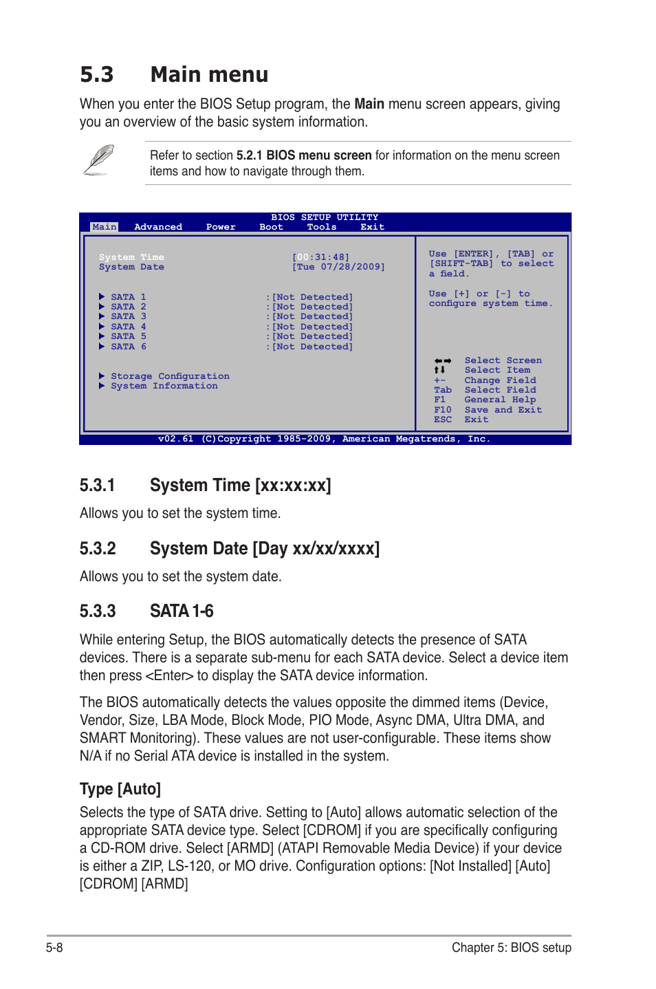 3 main menu, 1 system time [xx:xx:xx, 2 system date [day xx/xx/xxxx | 3 sata 1-6, Main.menu -8 5.3.1, System time -8, System date -8, Sata 1-6 -8, System.time.[xx:xx:xx, Sata.1-6 | Asus G1-P5G43 User Manual | Page 62 / 78