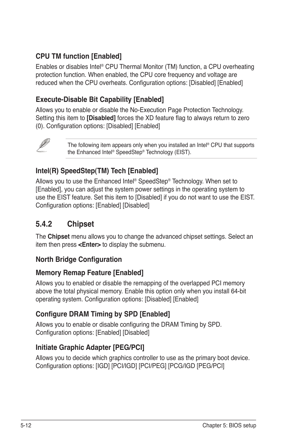 2 chipset, Chipset -12, Chipset | Execute-disable.bit.capability.[enabled, Intel(r).speedstep(tm).tech.[enabled, Configure dram timing by spd [enabled, Initiate.graphic.adapter.[peg/pci, Cpu.tm.function.[enabled | Asus G1-P5G43 User Manual | Page 66 / 78